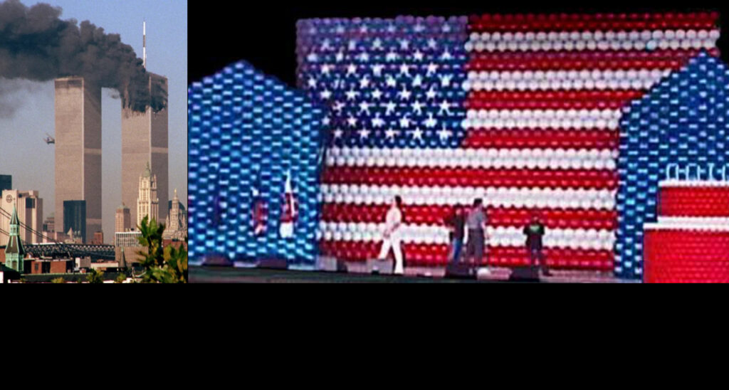 9/11/2001 Tower afire & Stage decorations going up for Charlotte Pipe 100th anniversary